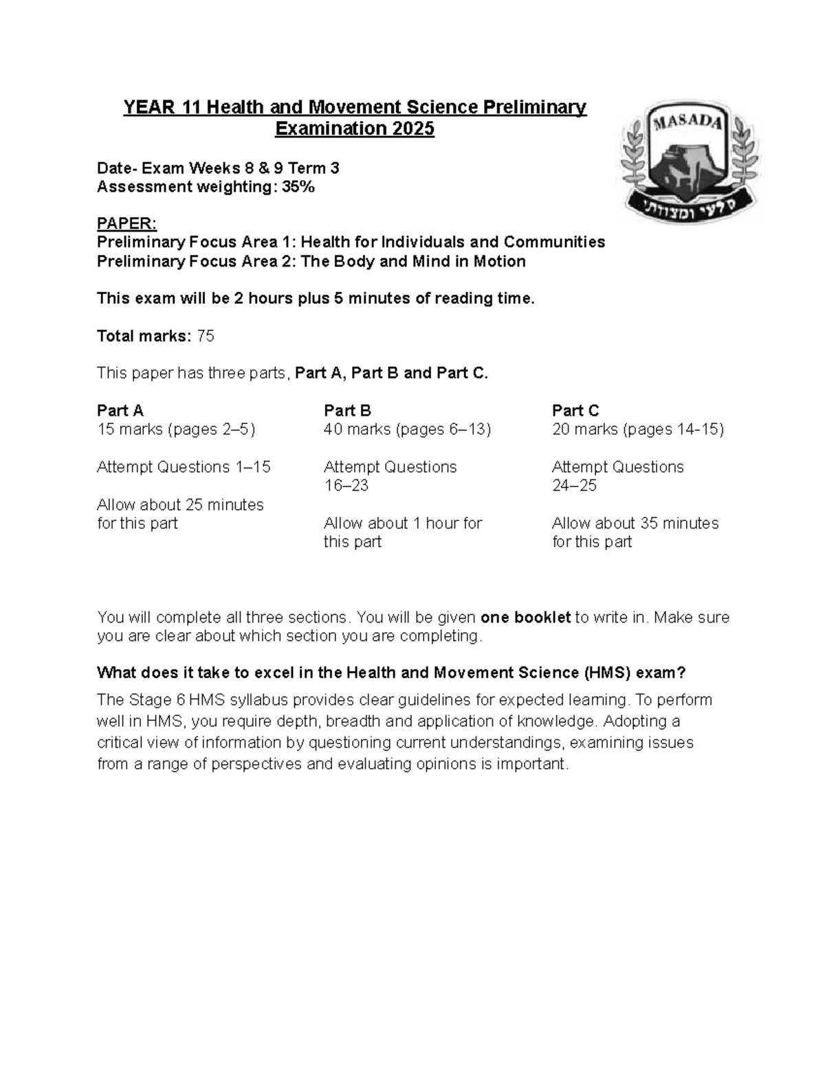 Year 11 Health & Movement Science Preliminary Exam 2025 Notification ...