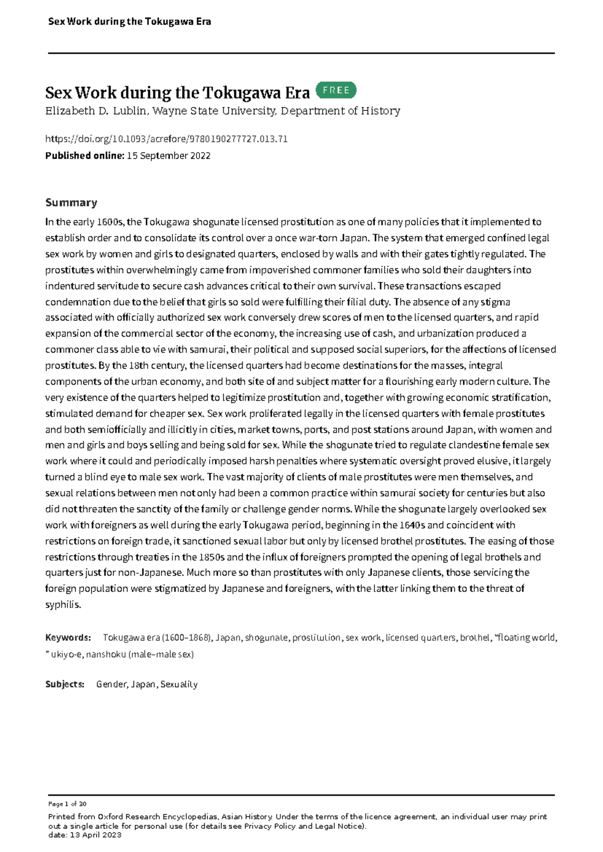 Sex Work in the Tokugawa Era: A Study on Licensed Prostitution