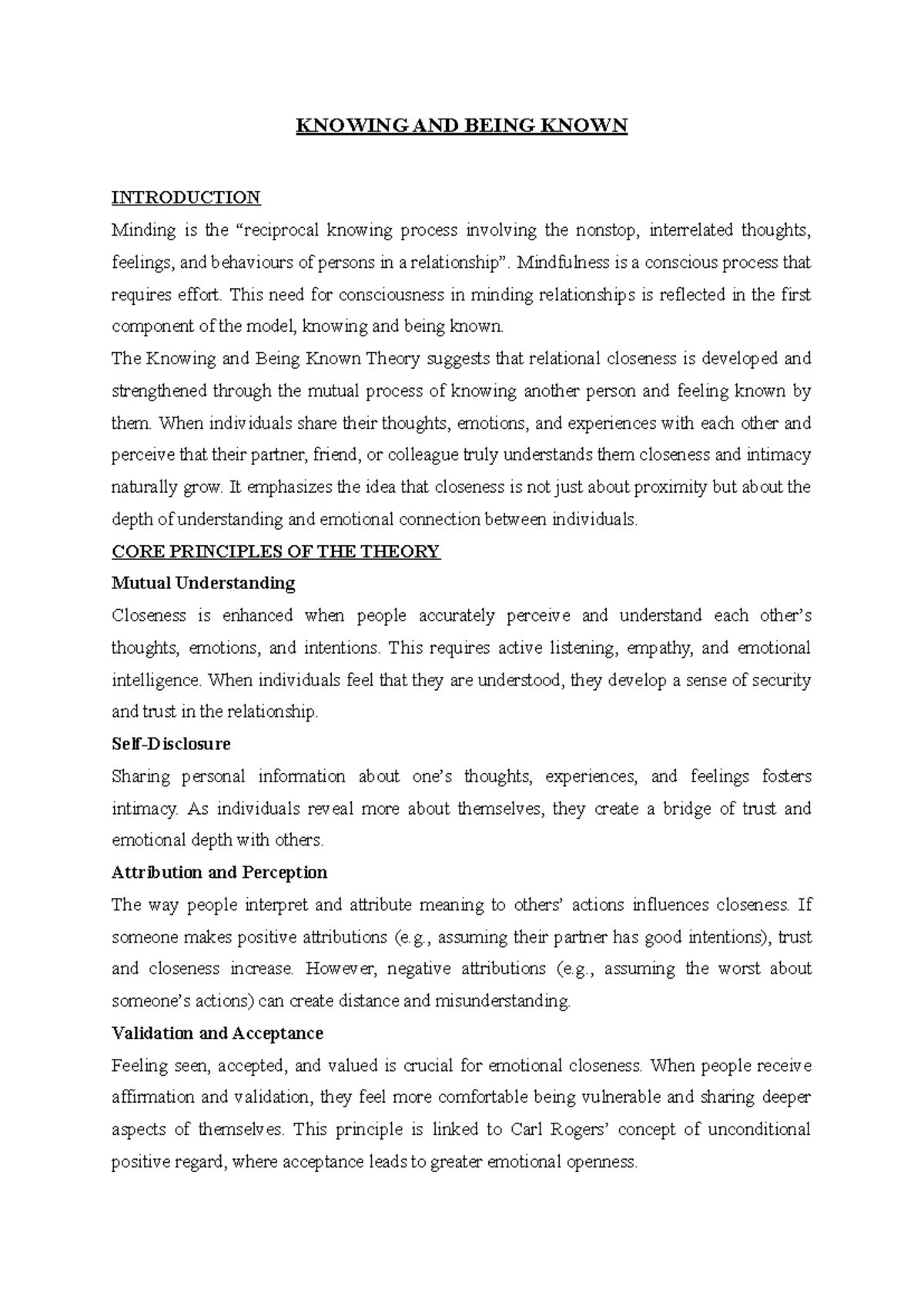 Positive Psychology Seminar Notes: Knowing and Being Known Theory - Studocu