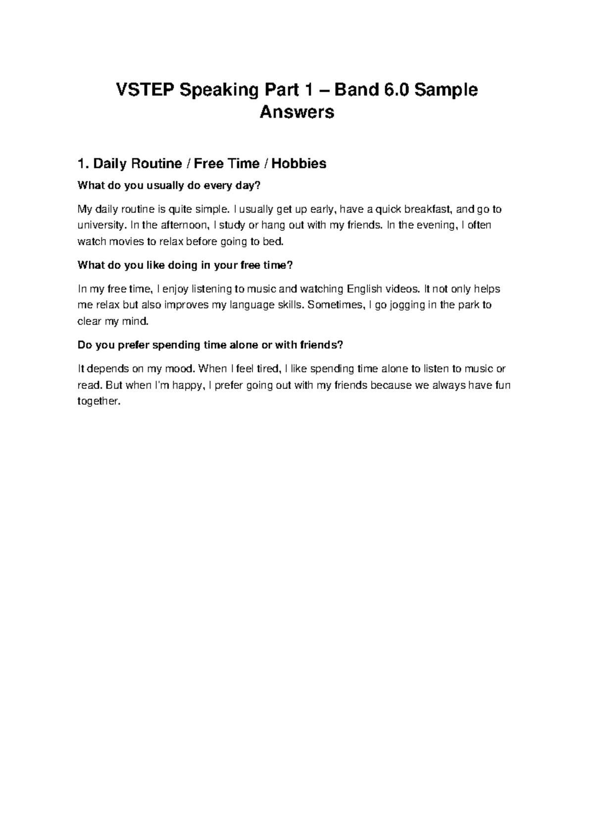 VSTEP Speaking Part 1 Band 6.0 Sample Answers: Daily Life & Interests ...