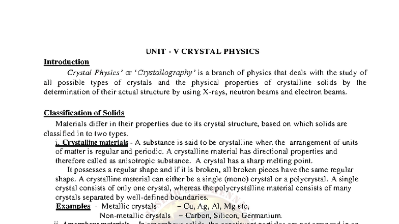 Crystal Physics (PHY 101) - Comprehensive Unit V Notes - Studocu