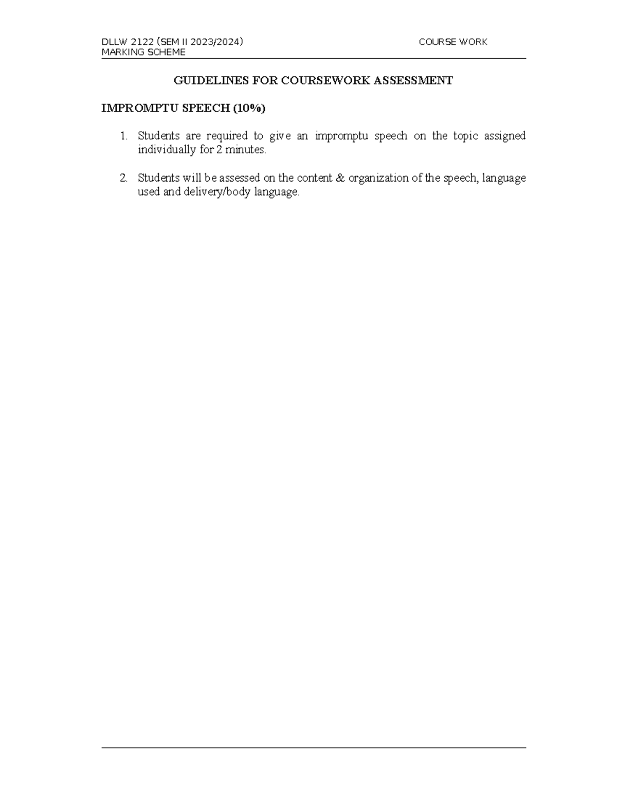 DLLW 2122 SEM II Coursework Guidelines for Impromptu Speech - Studocu