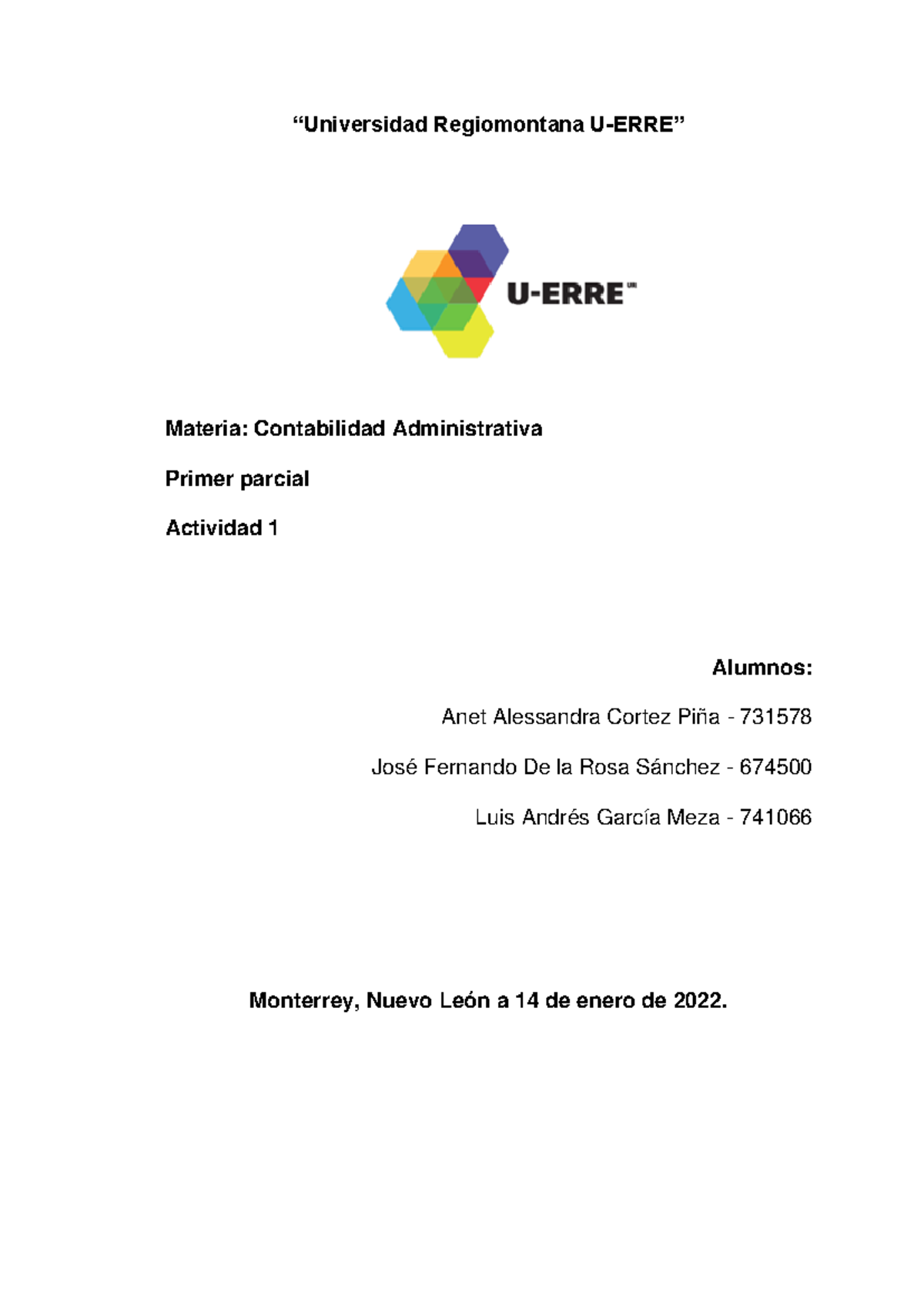 Tarea 1: Contabilidad Administrativa - Primer Parcial (DE LA ROSA ...