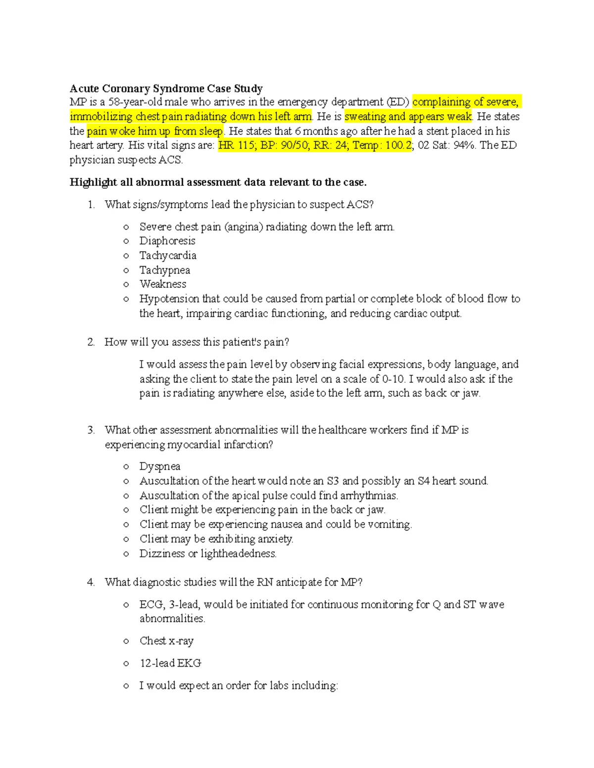 NUR390 Acute Coronary Syndrome CS - Acute Coronary Syndrome Case Study ...