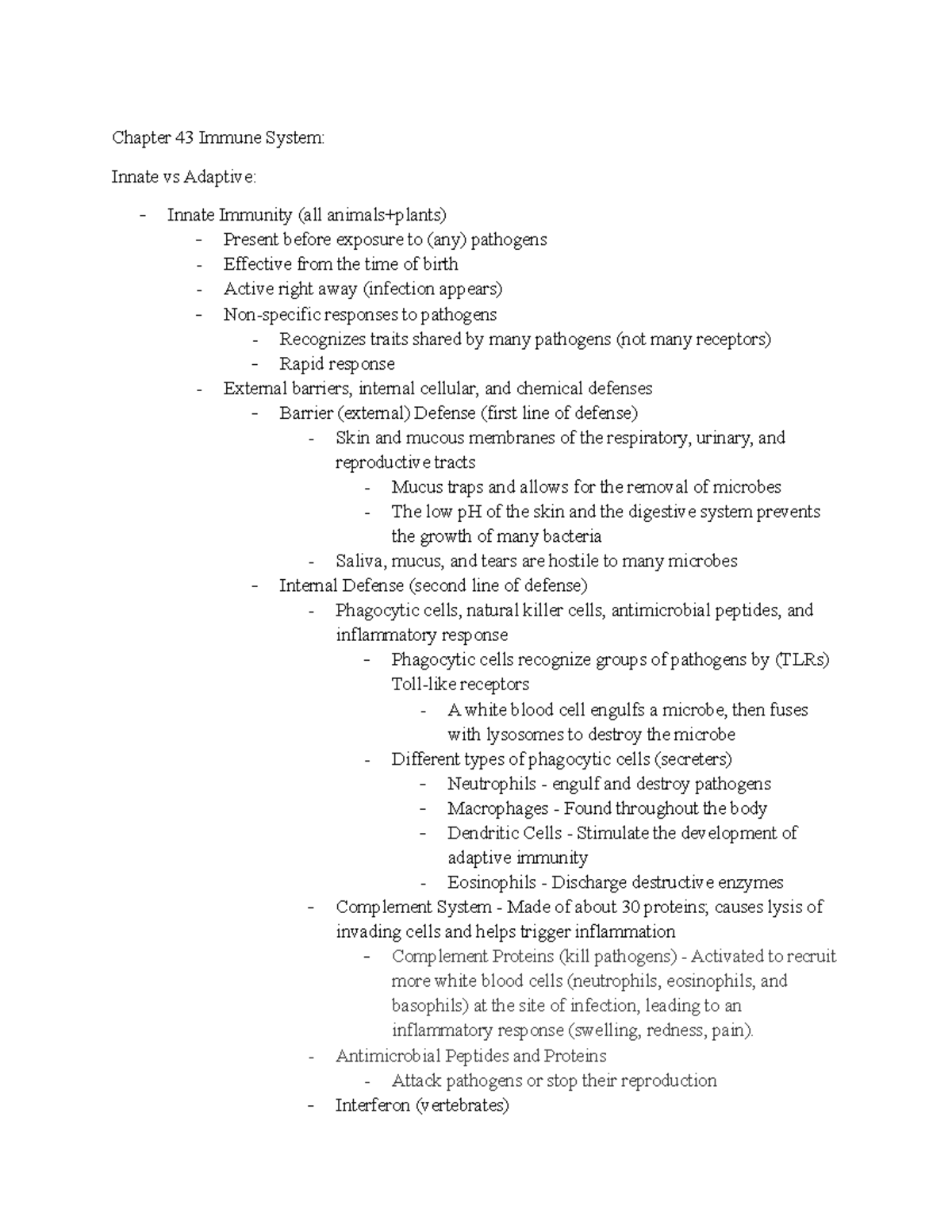 Biology II Lecture Chapter 43 (Immune System) - Chapter 43 Immune ...