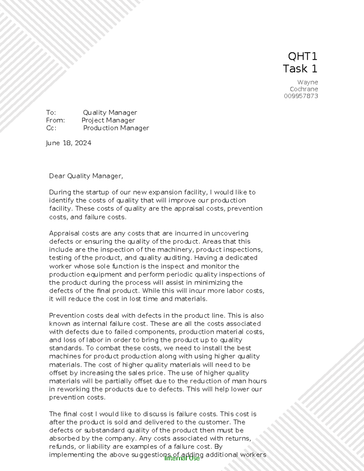 QHT1 Task 1 - Task 1 passed - Internal Use QHT Task 1 Wayne Cochrane ...
