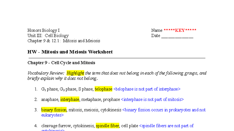Honors Biology 12.1: Mitosis and Meiosis Worksheet Key - Studocu
