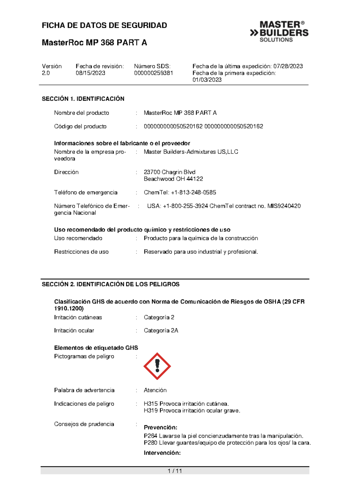 SDS MasterRoc MP 368 PART A: Información y Seguridad del Producto - Studocu