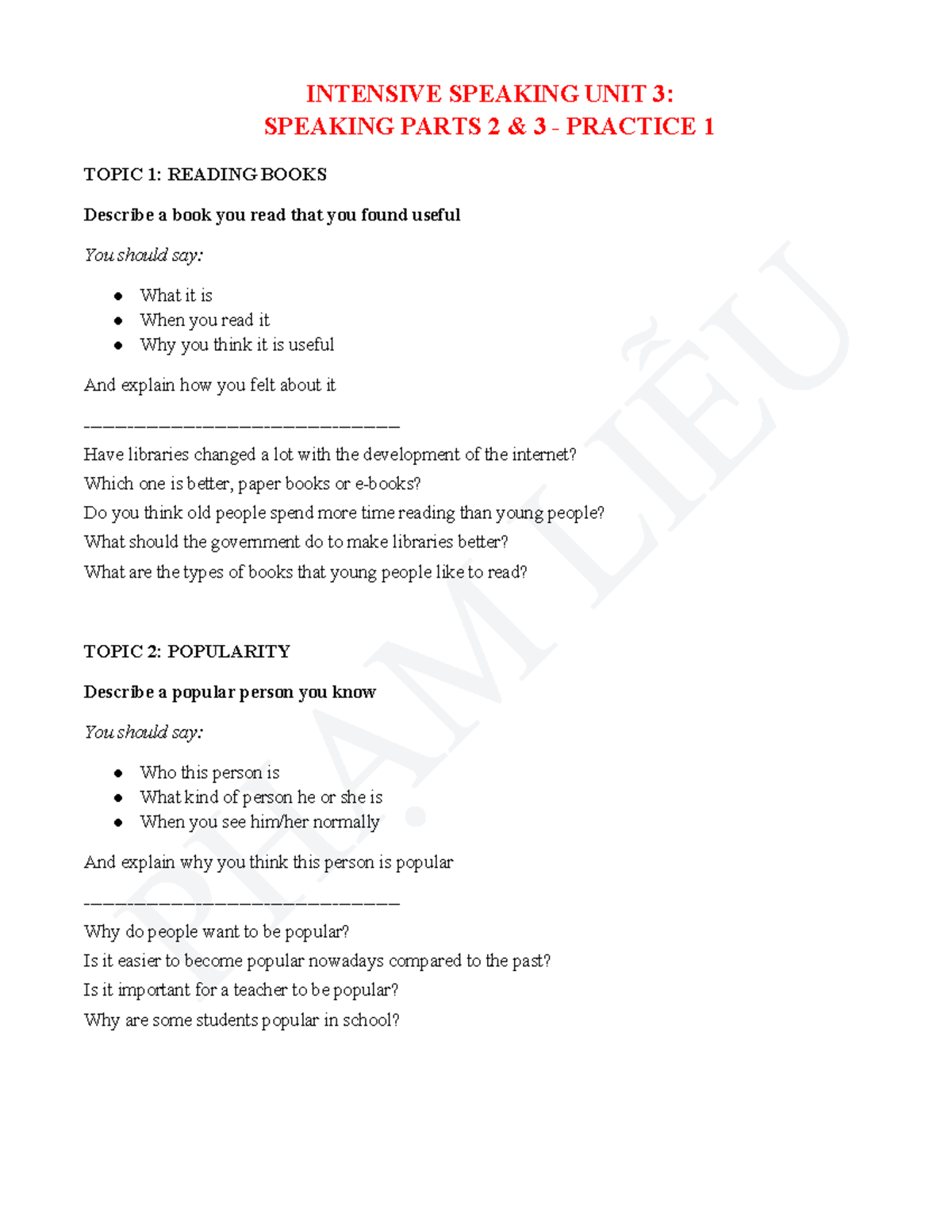 INTENSIVE SPEAKING UNIT 3: PARTS 2 & 3 PRACTICE 1 - Studocu