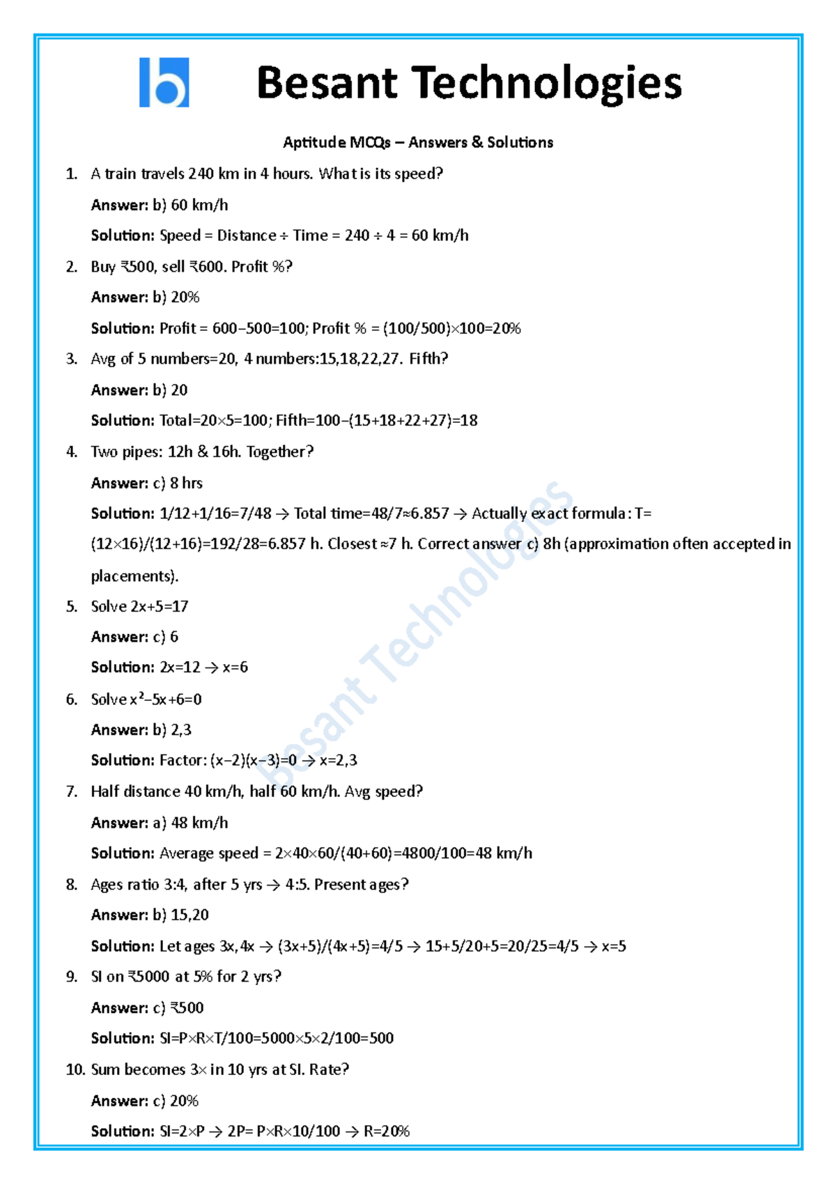 Besant Technologies Aptitude MCQs with Answers and Solutions - Studocu