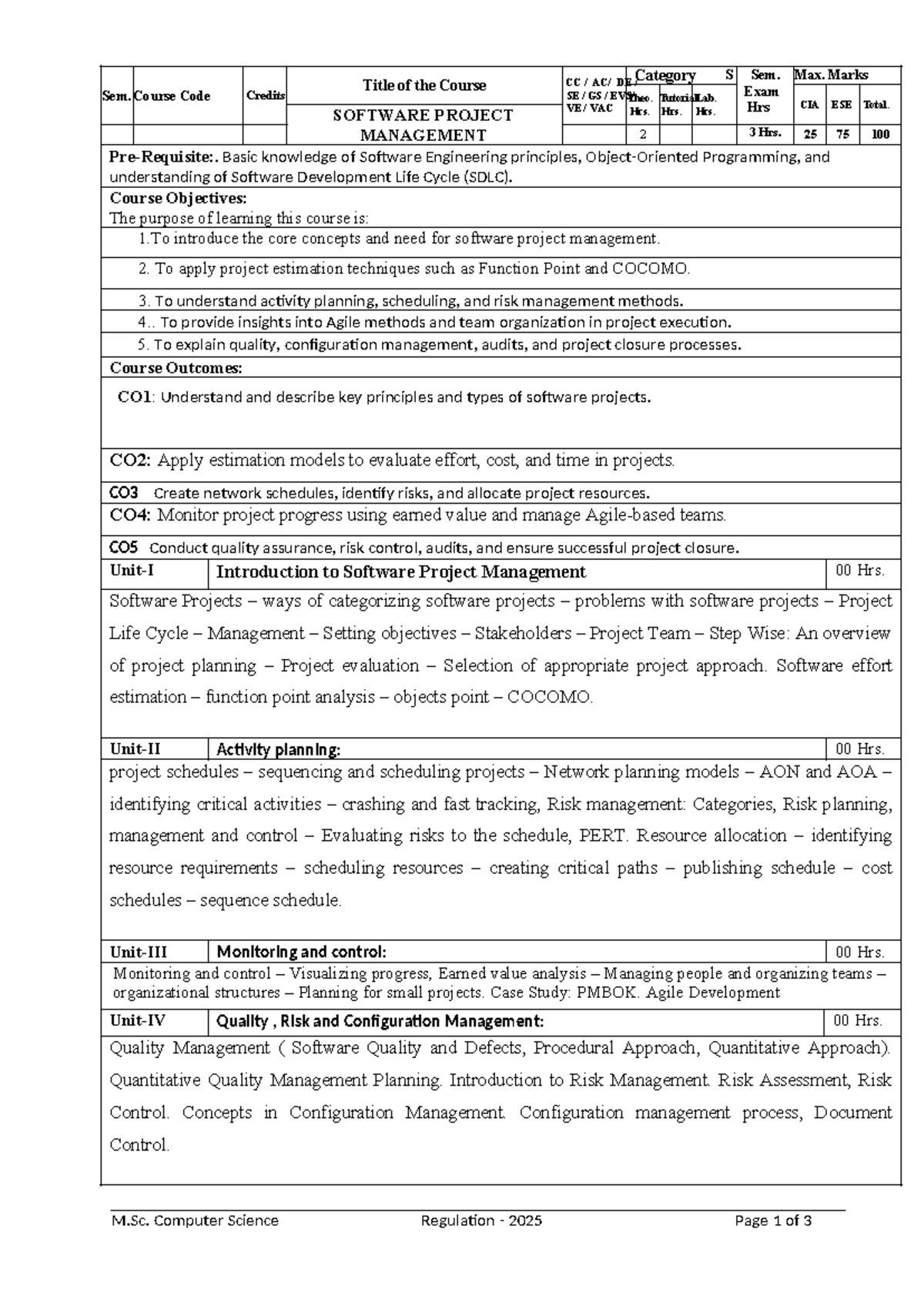 Software Project Management Syllabus - M.Sc. CS Regulation 2025 - Studocu