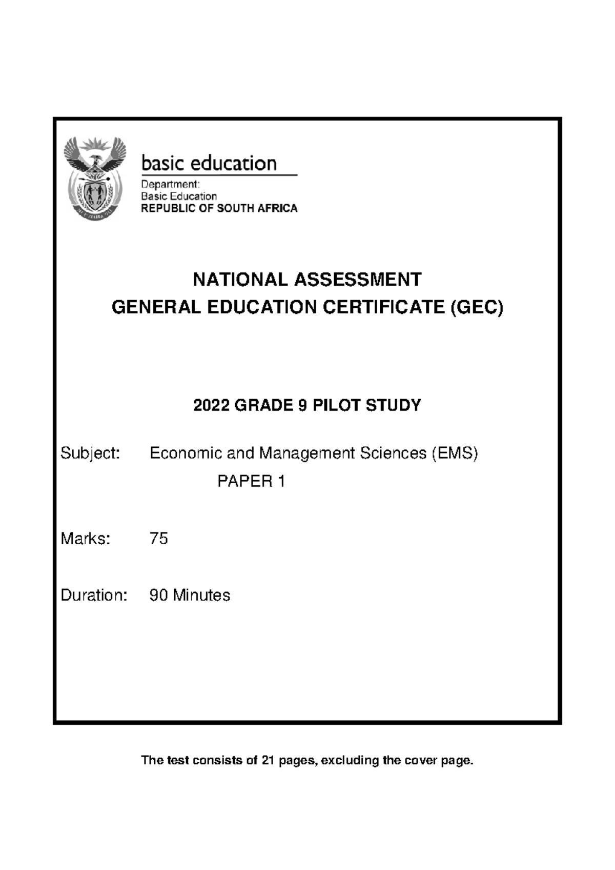 Grade 9 EMS Economic & Management Sciences Test Paper 1 - Studocu