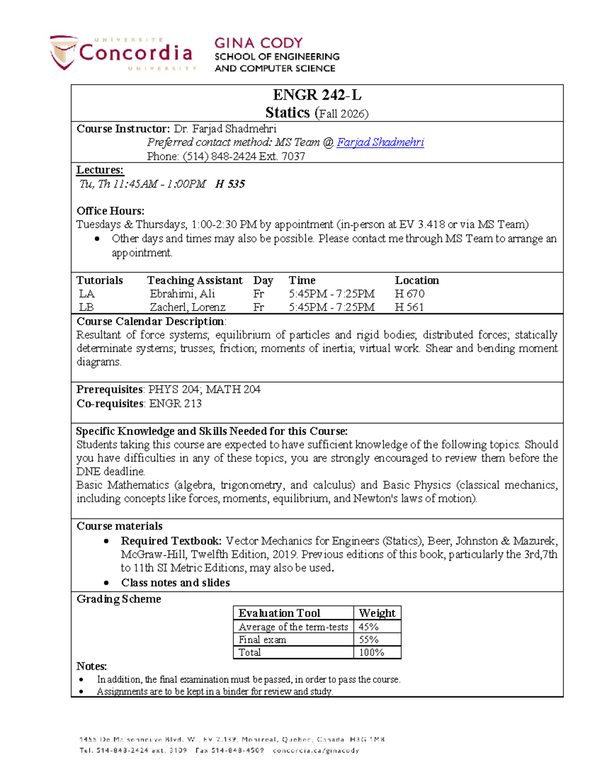 ENGR 242 Statics Course Outline & Exercises (Fall 2026) - Studocu