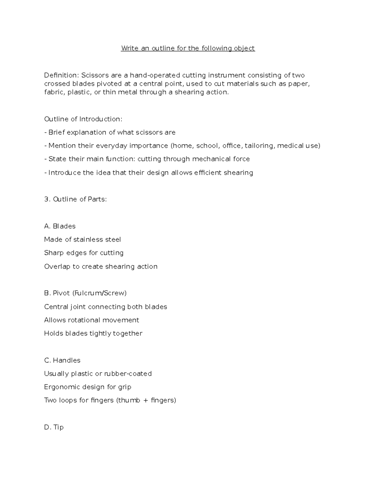 How to Write an Outline for Defining Scissors - Studocu