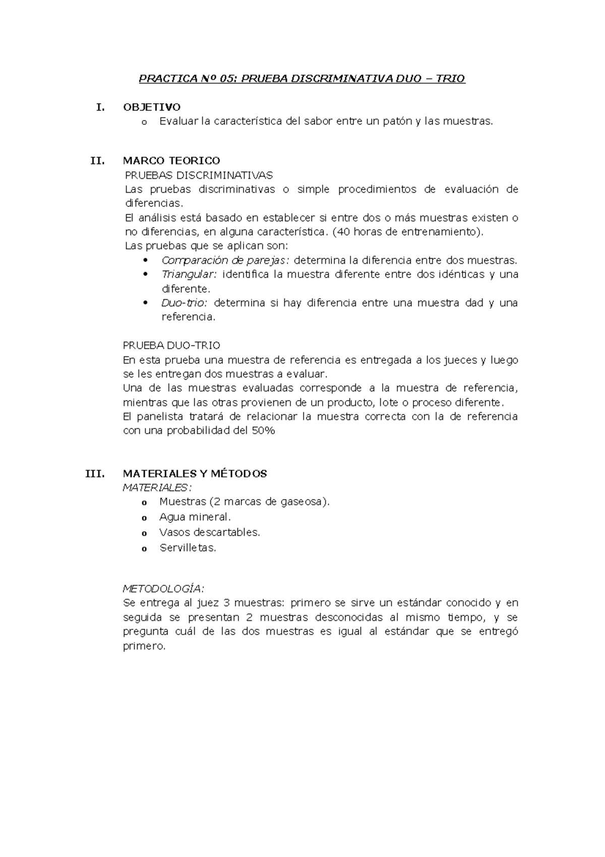 Prueba Discriminativa DUO-TRIO: Análisis de Sabor y Resultados - Studocu