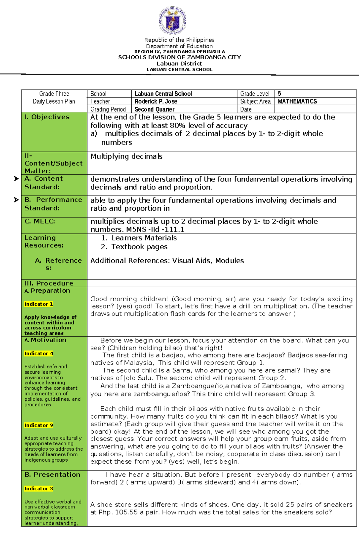 M5 Mathematics Lesson Plan: Multiplying Decimals for Grade 5 - Studocu