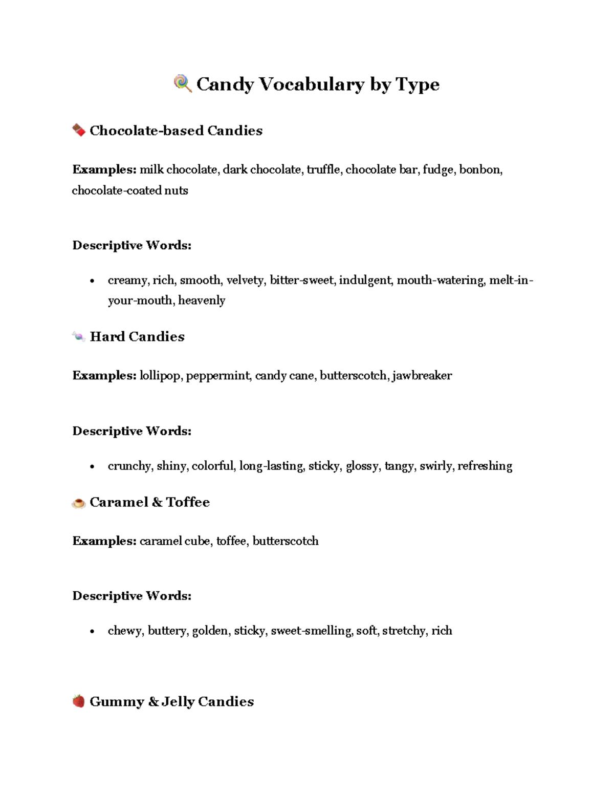 Candy Vocabulary: Types and Descriptive Words for Sweets - Studocu