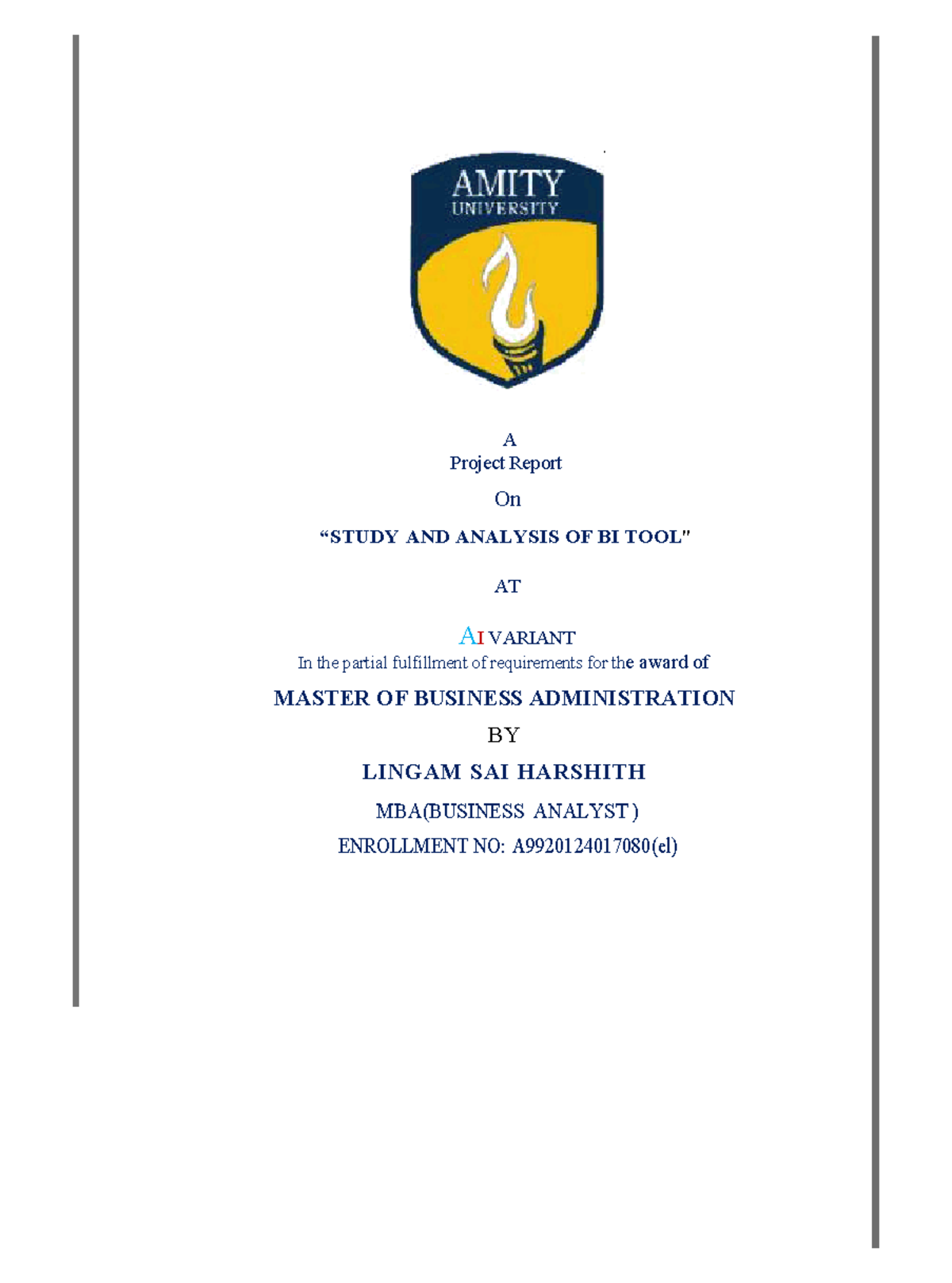 MBA Minor Project Report: Analysis of BI at AI Variant - Studocu