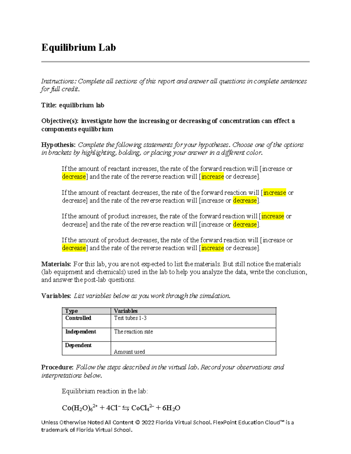 Lab Report (1) Equilibrium Effects on Reaction Rates - Studocu