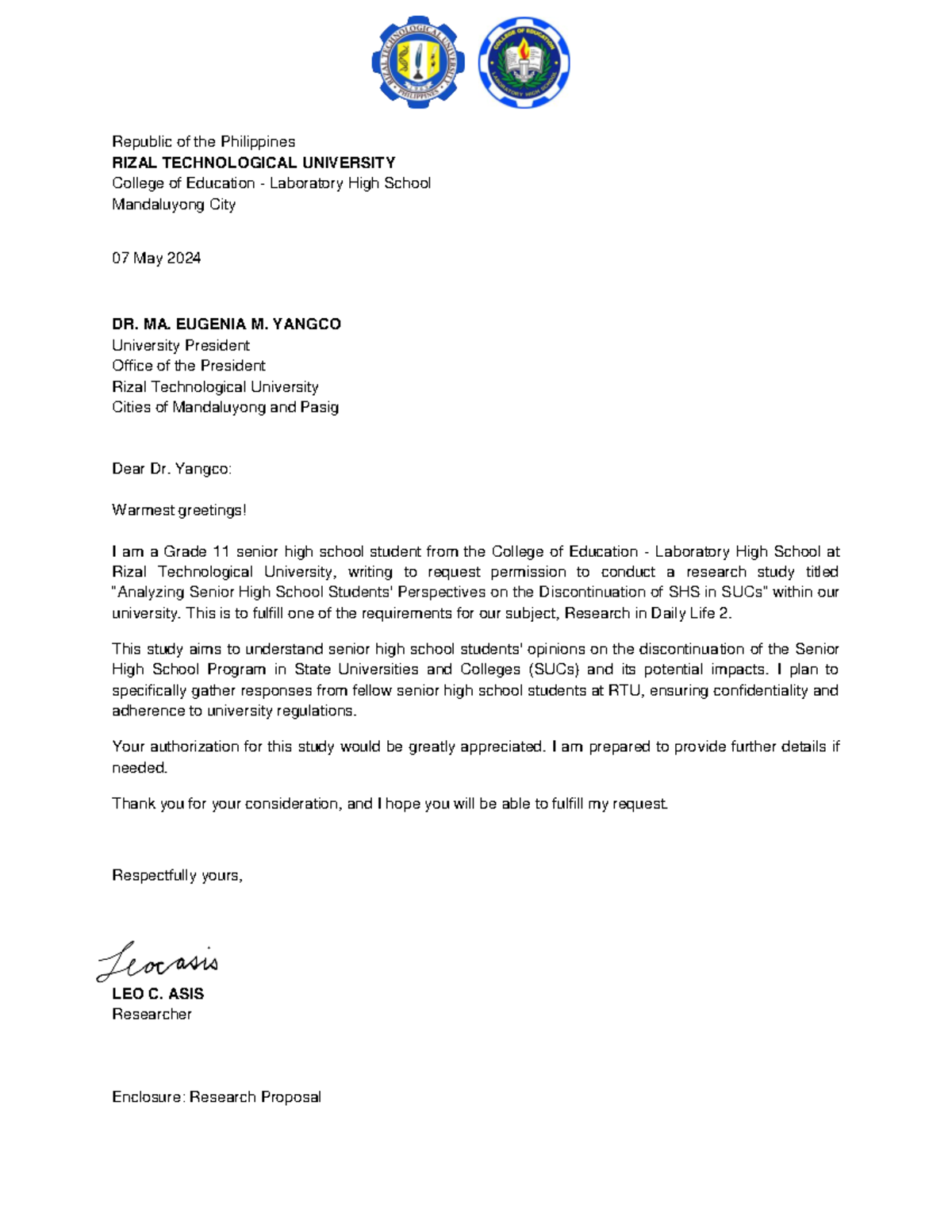 Sample Request Letter - Republic of the Philippines RIZAL TECHNOLOGICAL ...