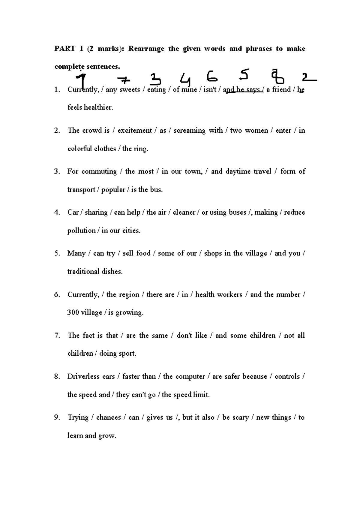 PART I: Sentence Rearrangement Exercise for Language Skills - Studocu