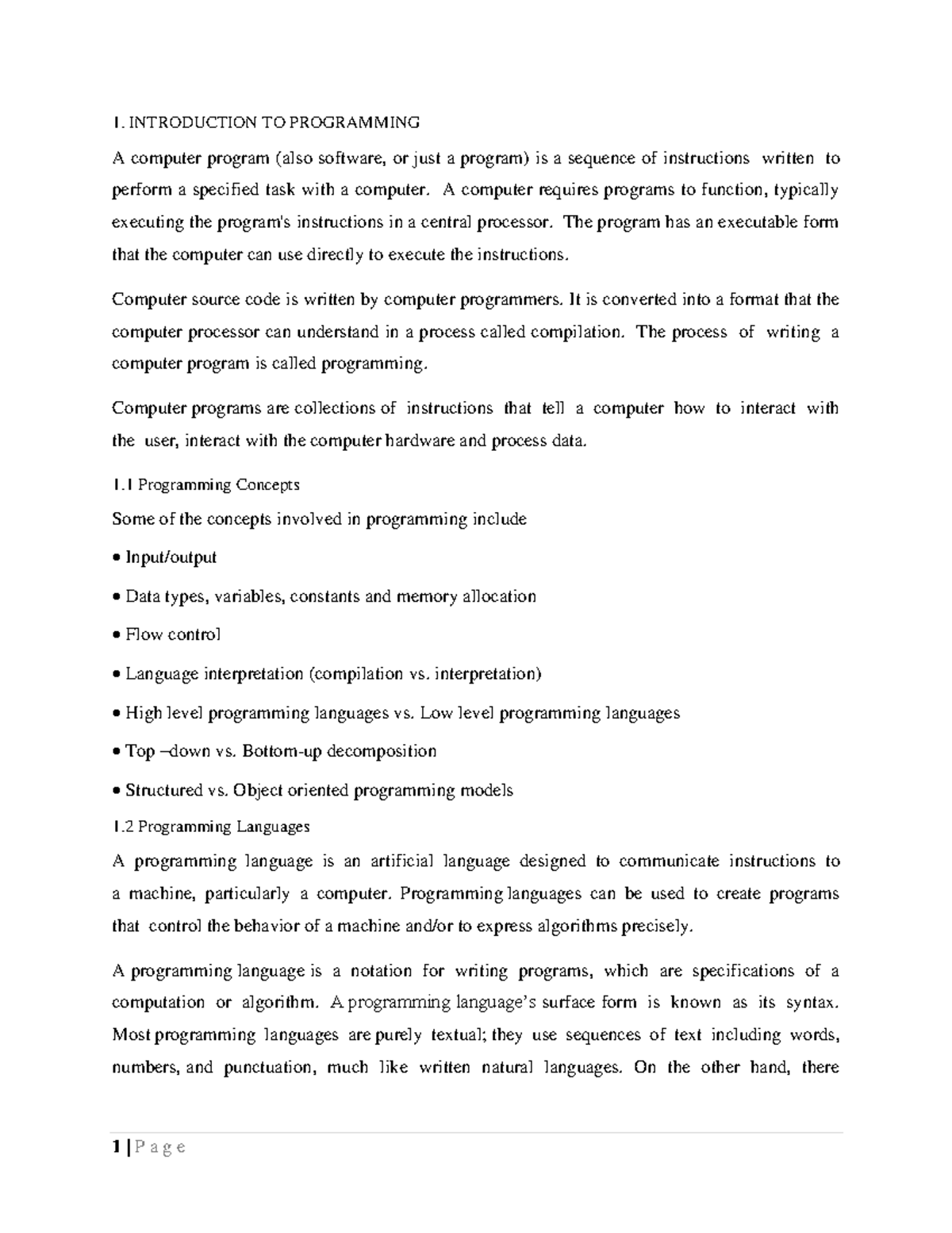 CSE101 - Chapter 1: Introduction to Programming Concepts and Languages ...