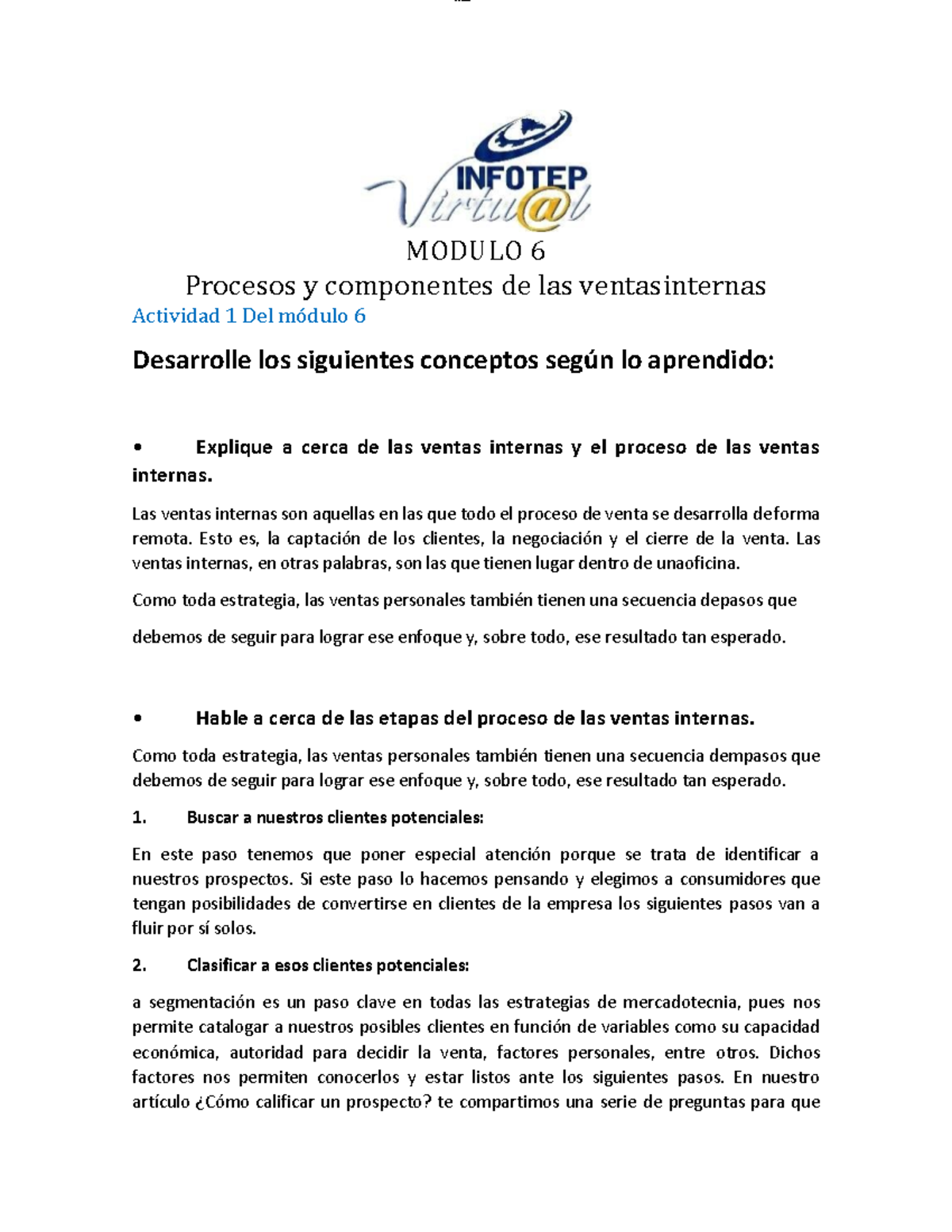 Actividad 1 - Módulo 6: Procesos en Ventas Internas y Técnicas de Venta ...