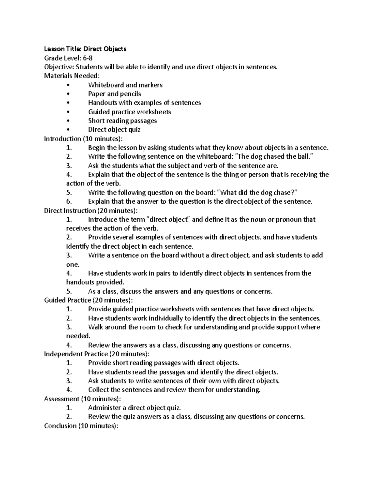 Lesson Title- Direct Objects - Lesson Title: Direct Objects Grade Level ...
