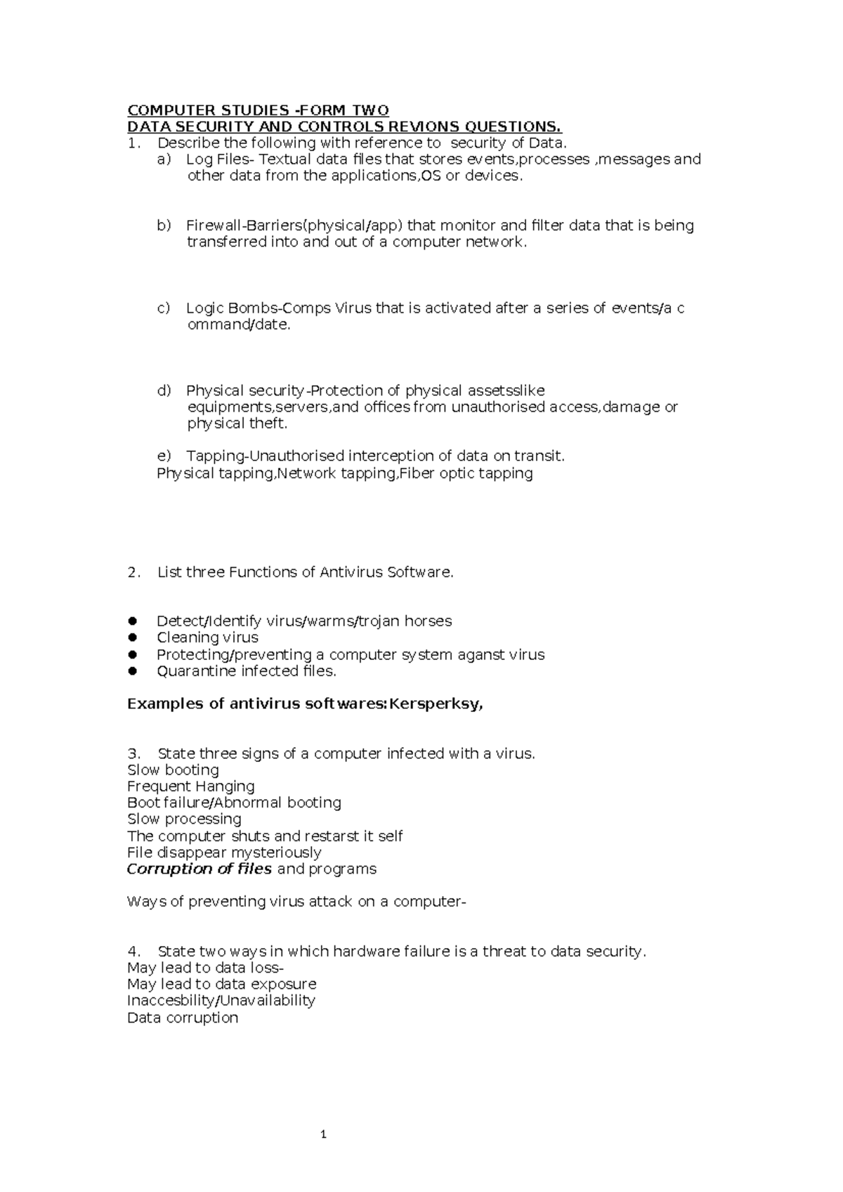 COMPUTER STUDIES TWO DATA SECURITY AND CONTROLS REVISION QUESTIONS ...