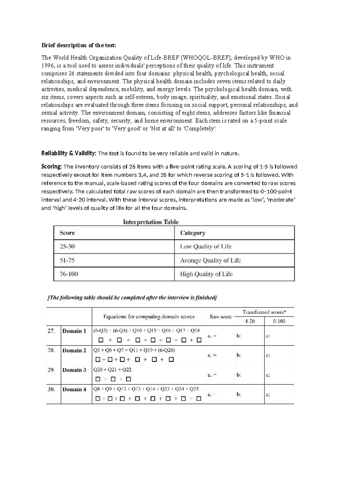 WHOQOL-BREF Quality of Life Assessment Overview and Scoring Guide - Studocu