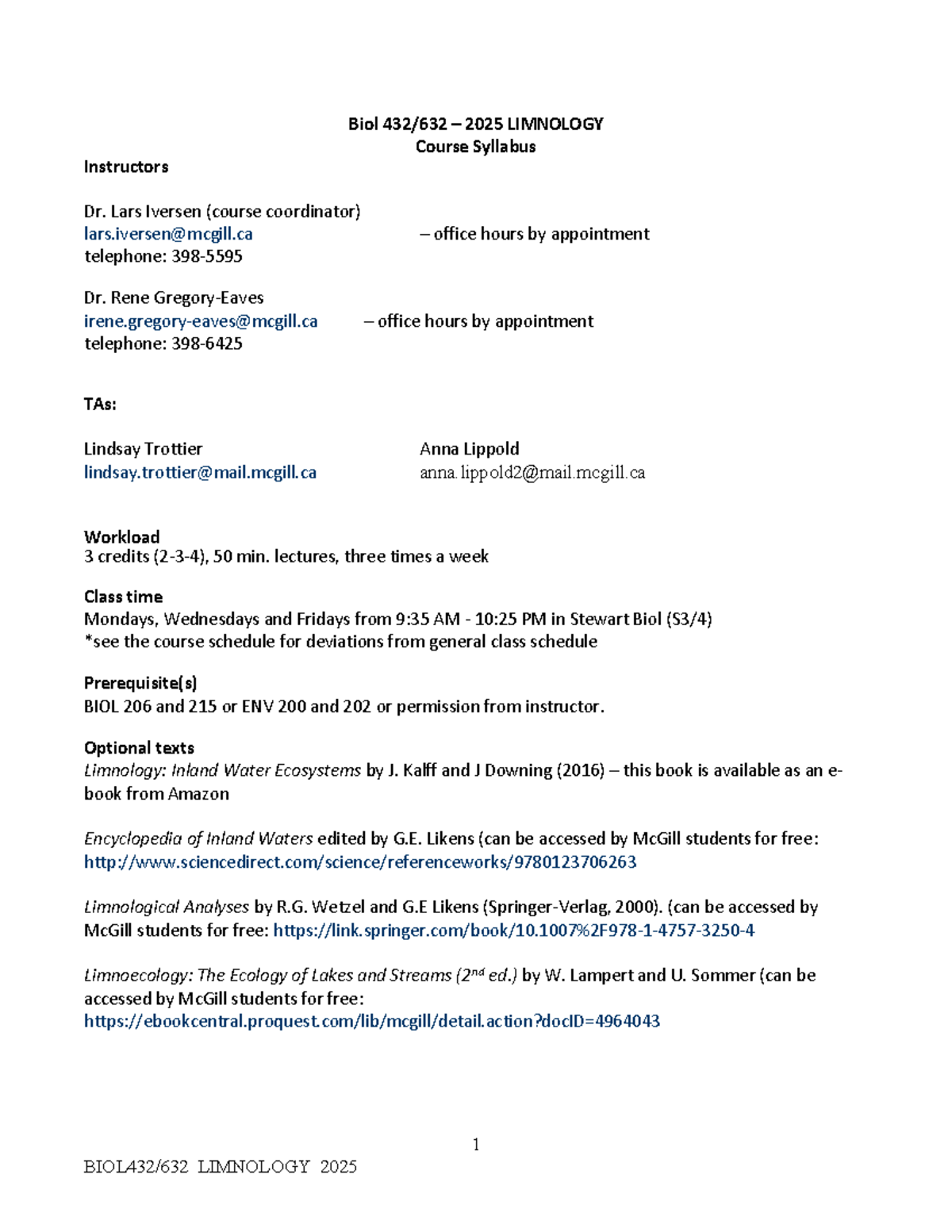 BIOL 2025 Limnology Course Syllabus and Overview - Studocu