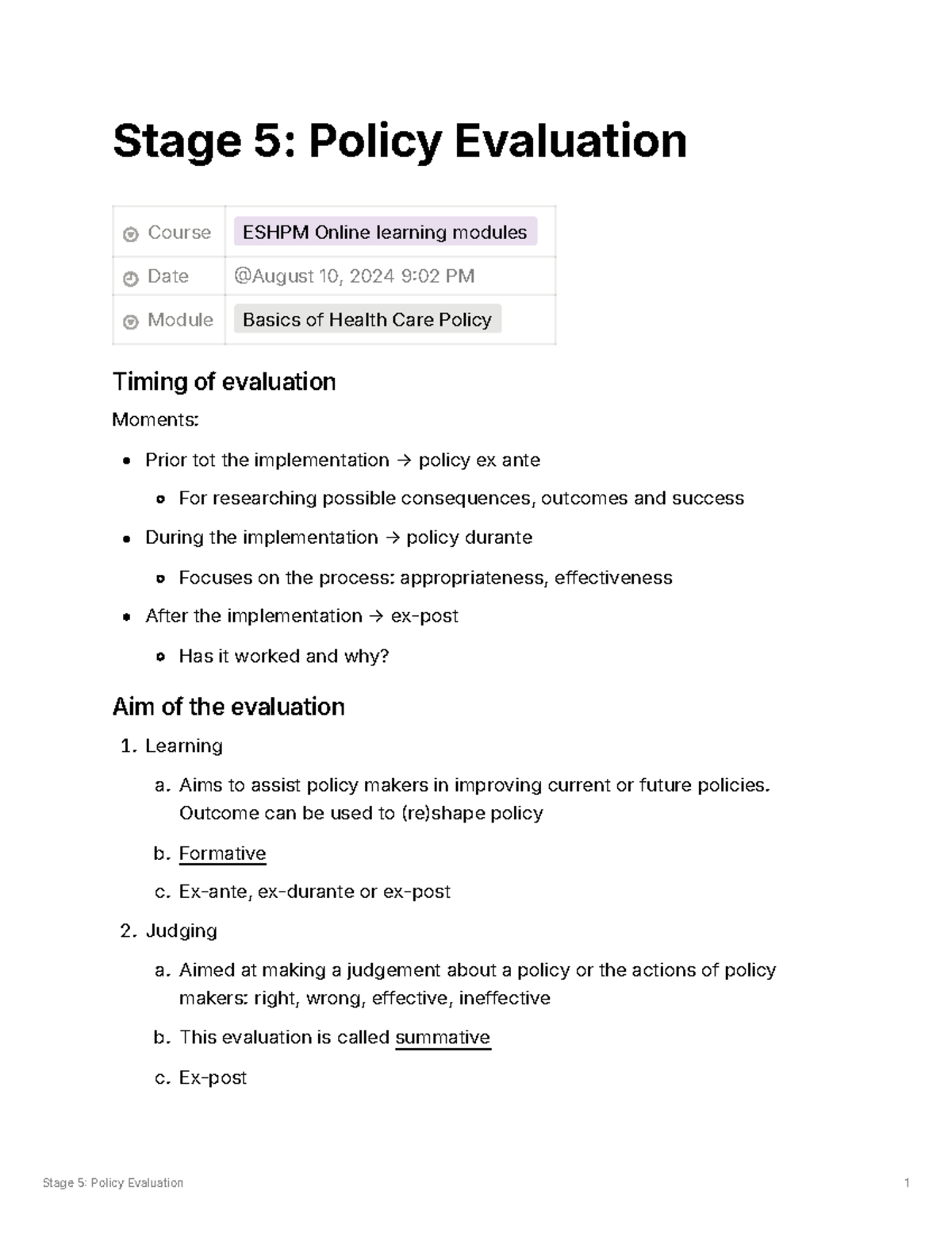 ESHPM Module: Policy Evaluation in Health Care Policy Basics - Studeersnel
