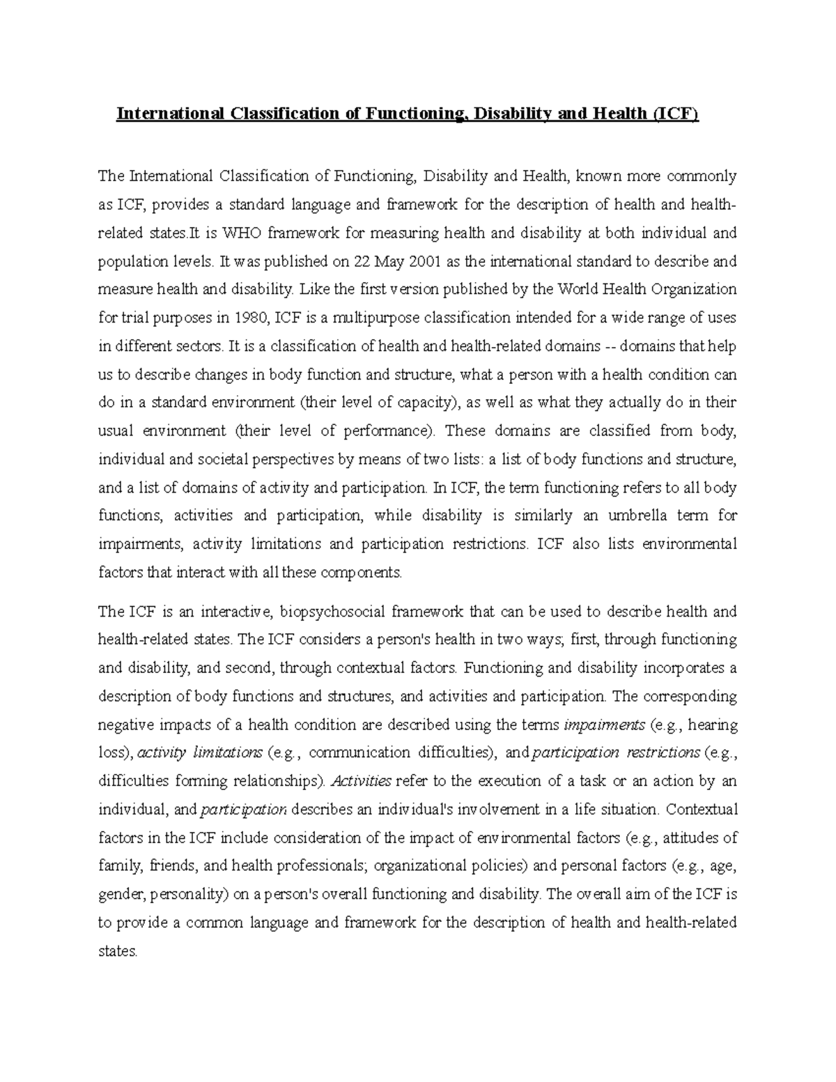 ICF - Key Insights for Audiological Management and Rehabilitation - Studocu