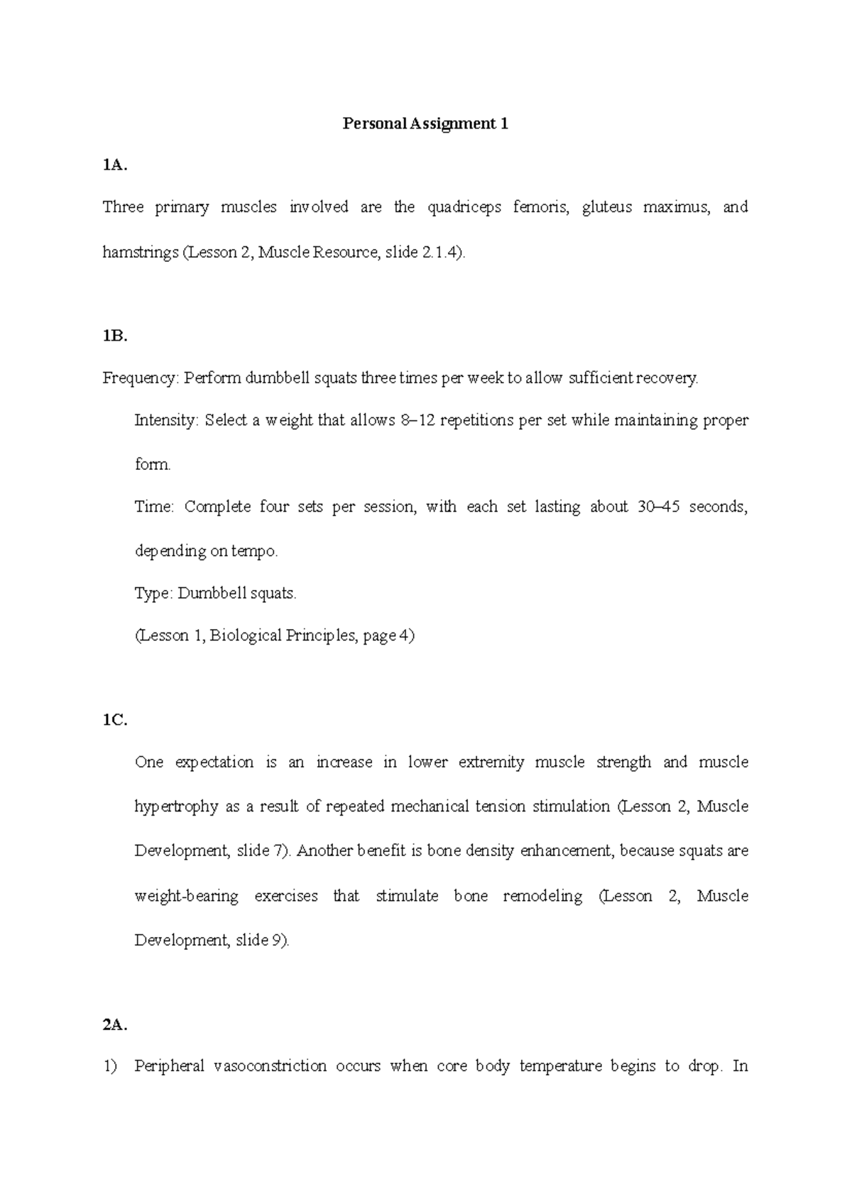 Personal Assignment 1: Muscle Function & Body Temperature Mechanisms ...