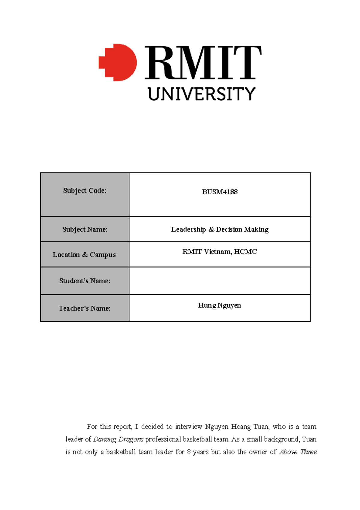 BUSM: Assignment 2 - Leadership Observation & Interview of Tuan - Studocu