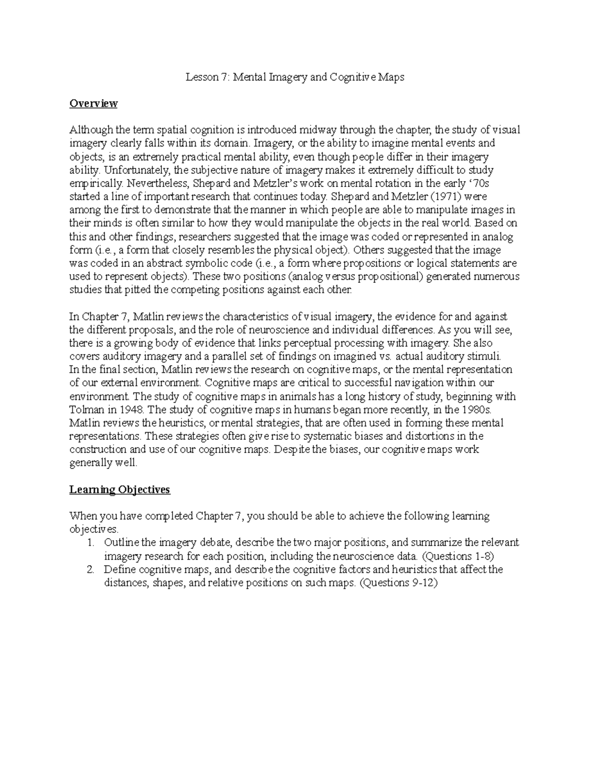 CH 7: Understanding Mental Imagery & Cognitive Maps in Spatial ...