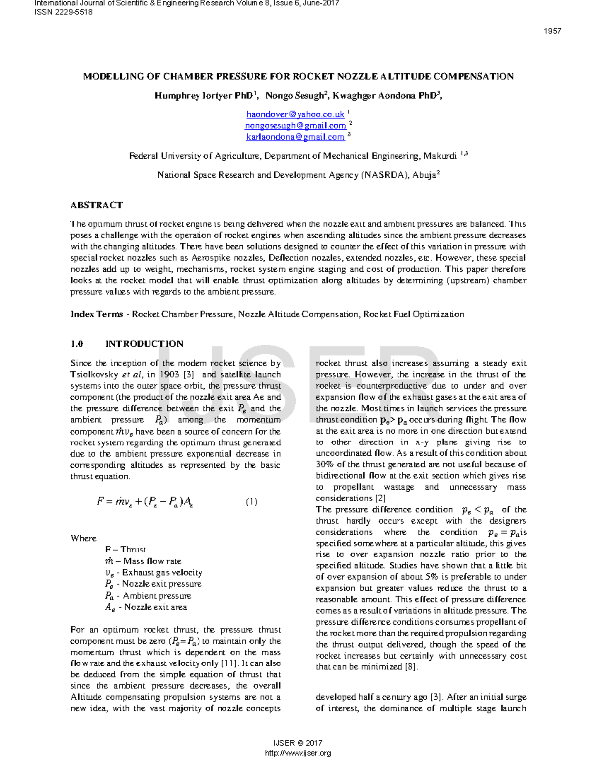 Modelling OF Chamber Pressure FOR Rocket Nozzle Altitude Compensation ...