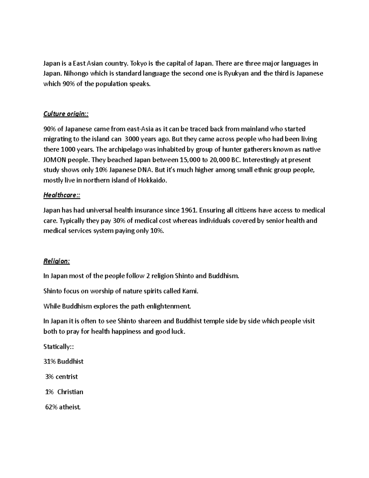 Assignment 1 - Japan: Culture, Language, and Healthcare Insights - Studocu