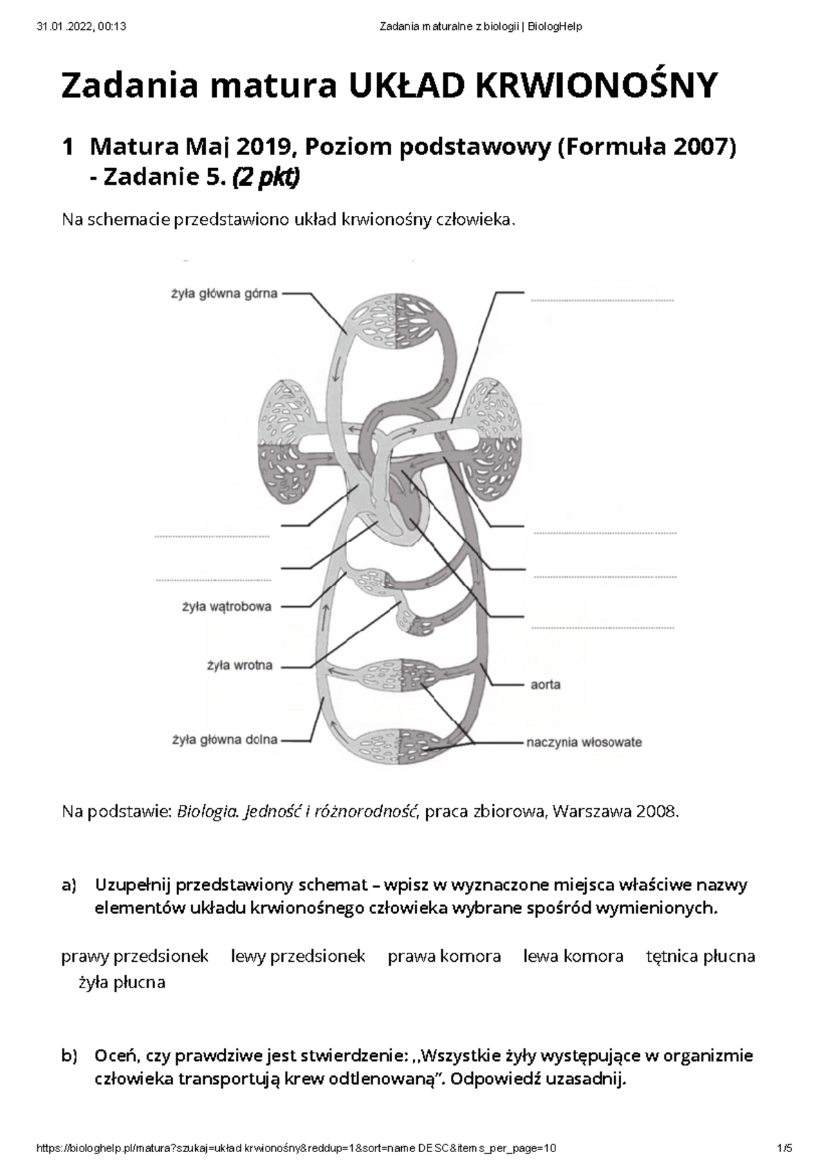 Zadania maturalne z biologii: Układ krwionośny - Matura 2016-2019 - Studocu