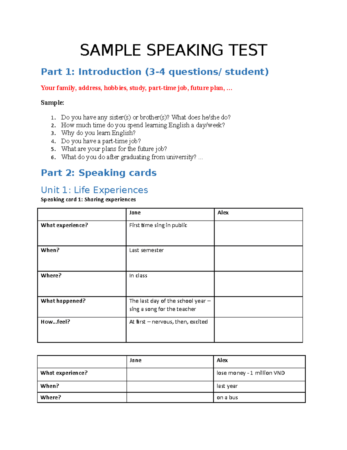 TA3 - Sample Speaking Test with Cards and Dialogues - Studocu