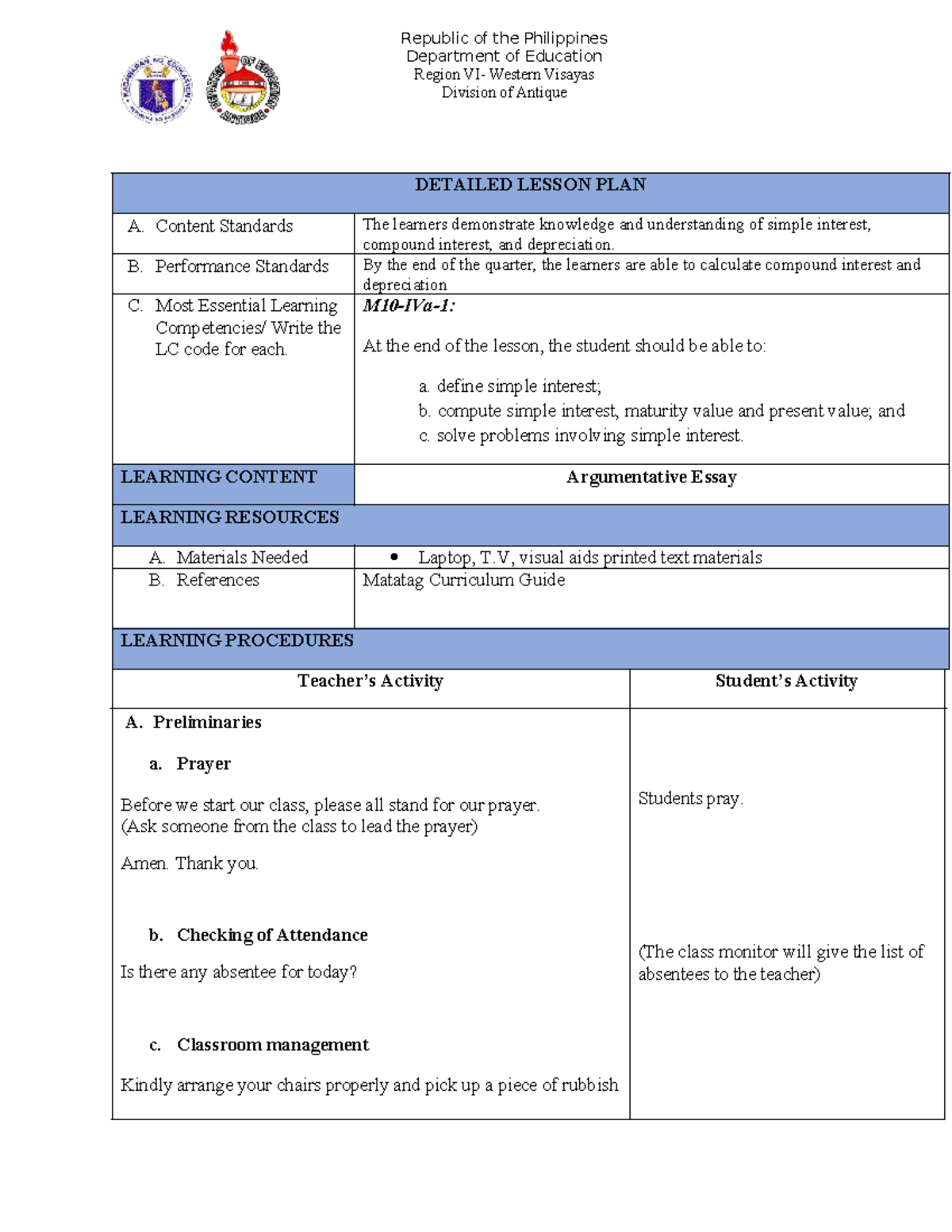 Detailed Lesson Plan on Argumentative Essay (4A's) - Studocu