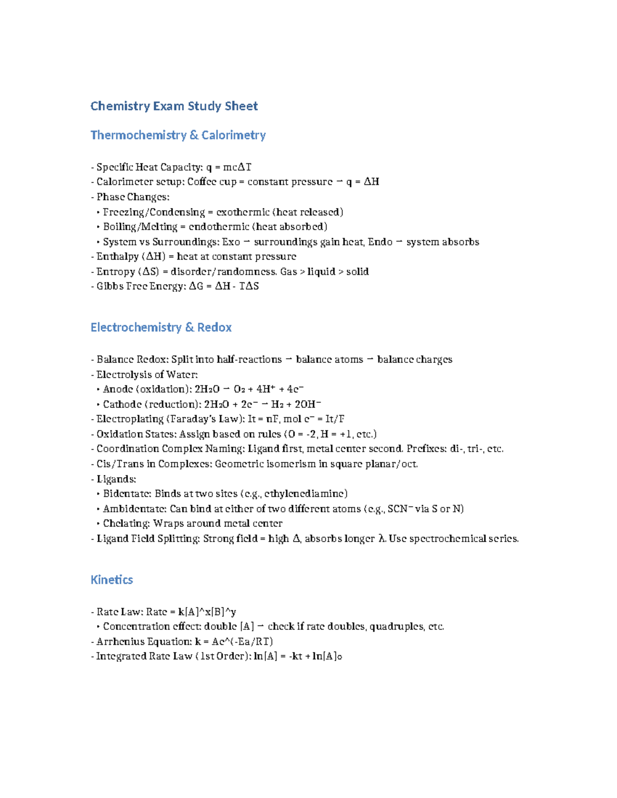 Chem 101 final exam study sheet: thermochemistry and electrochemistry ...