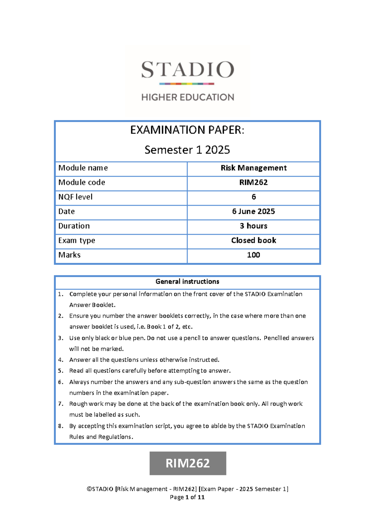 RIM262 2025 Semester 1 Risk Management Exam Paper - Studocu