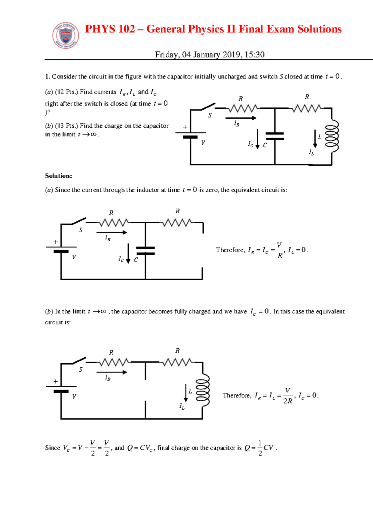 PHYS 102 General Physics II Final Exam Solutions (2018-19) - Studocu