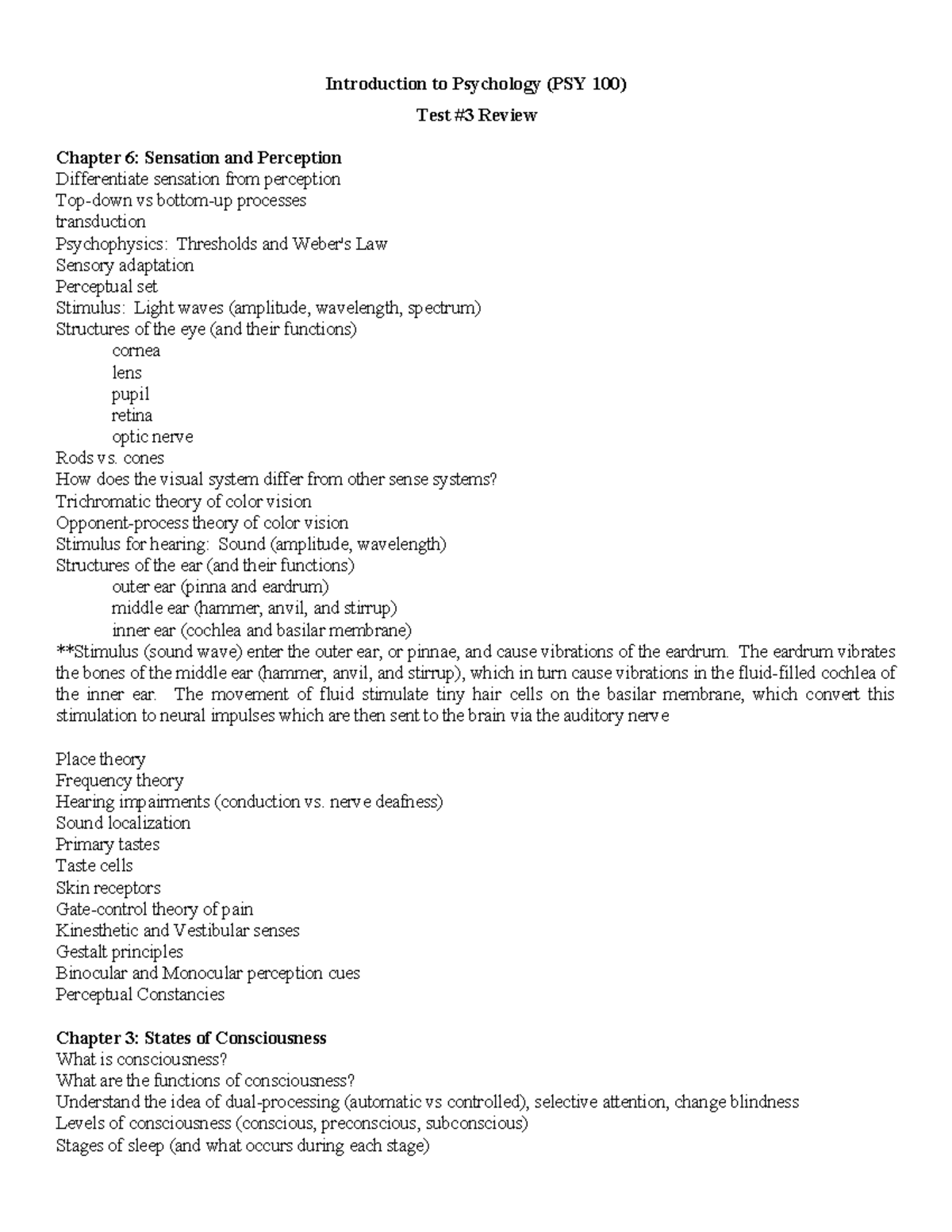 Review for Introduction to Psychology (PSY 100) Test #3: Chapters 3 ...