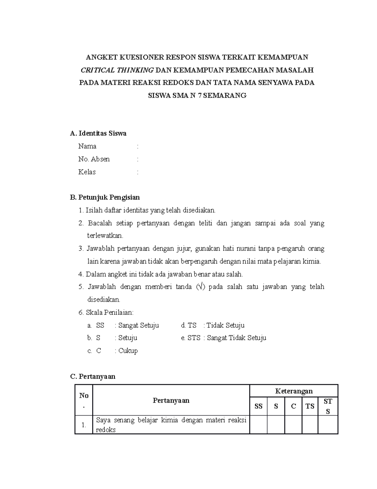 Angket Respon Siswa - ANGKET KUESIONER RESPON SISWA TERKAIT KEMAMPUAN ...