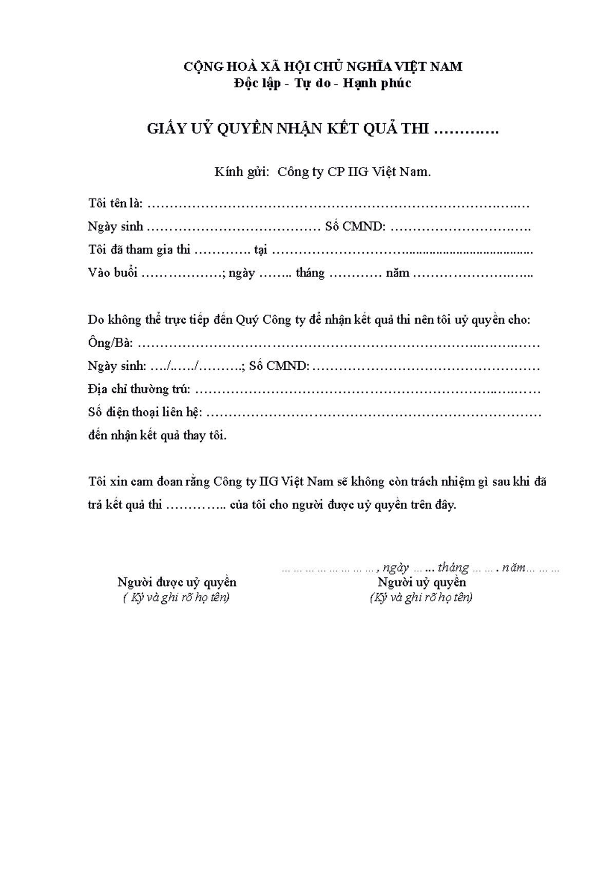 Giấy Ủy Quyền Nhận Kết Quả Thi - Mẫu Công ty CP IIG Việt Nam - Document Preview