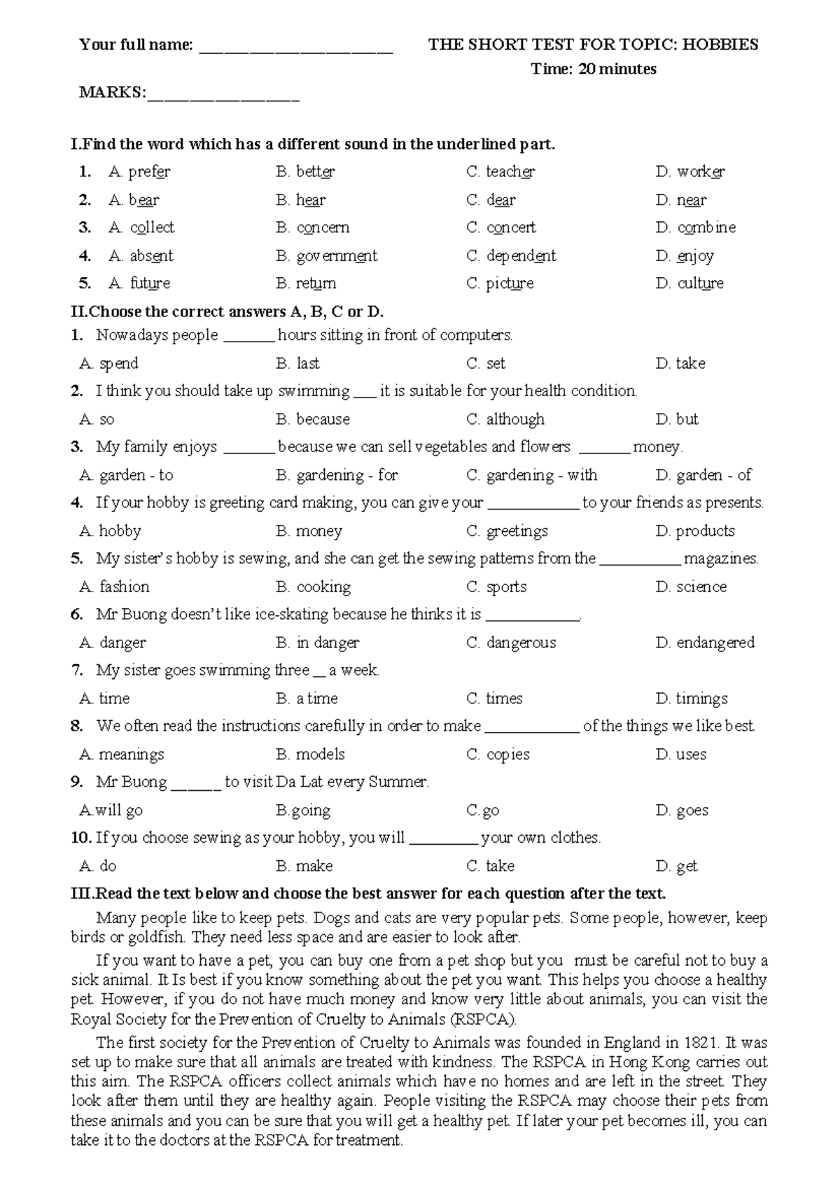 Test for U1: Hobbies - Grade 7 Short Test - Studocu