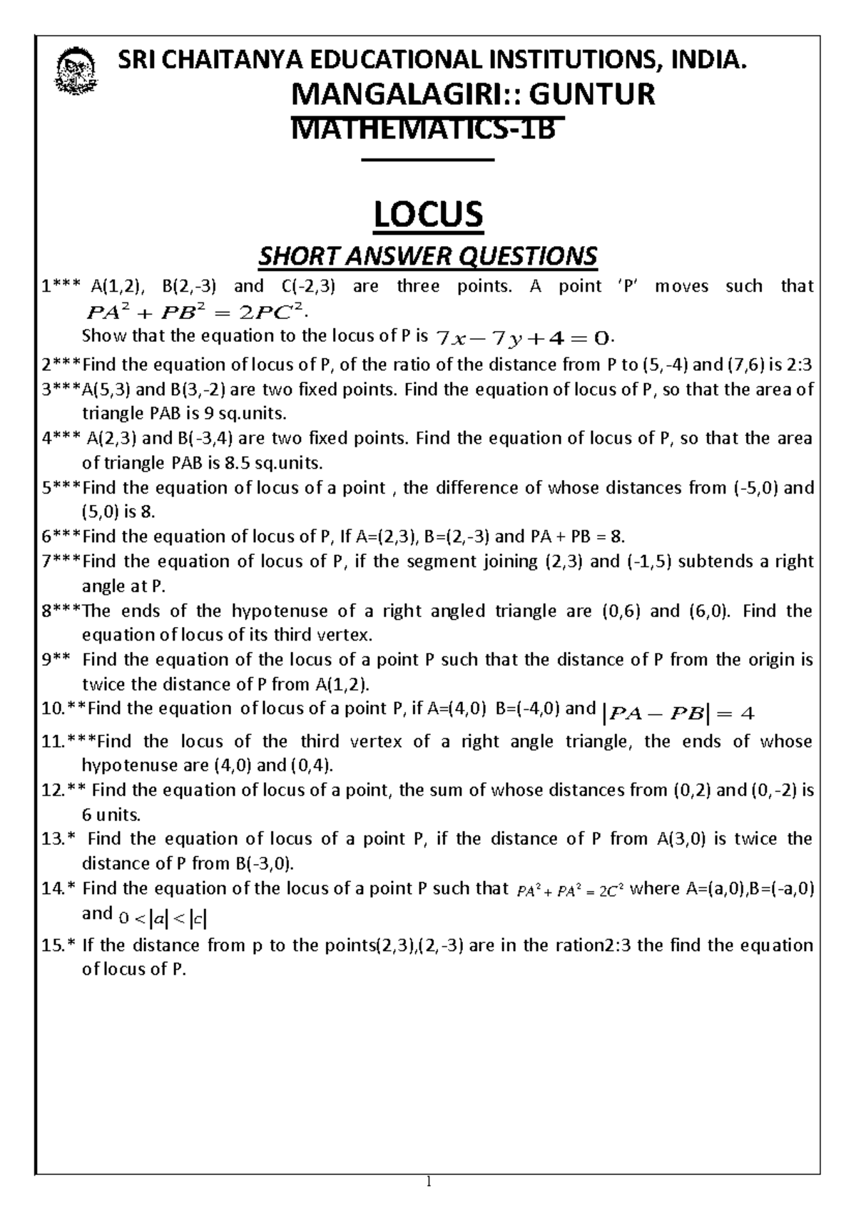 Maths-1B IMP (Chaitanya) - LOCUS ####### SHORT ANSWER QUESTIONS 1 *** A ...