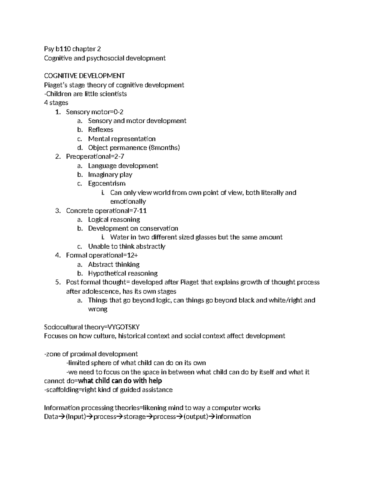 Psy B110 Chapter 2 Notes: Cognitive & Psychosocial Development - Studocu